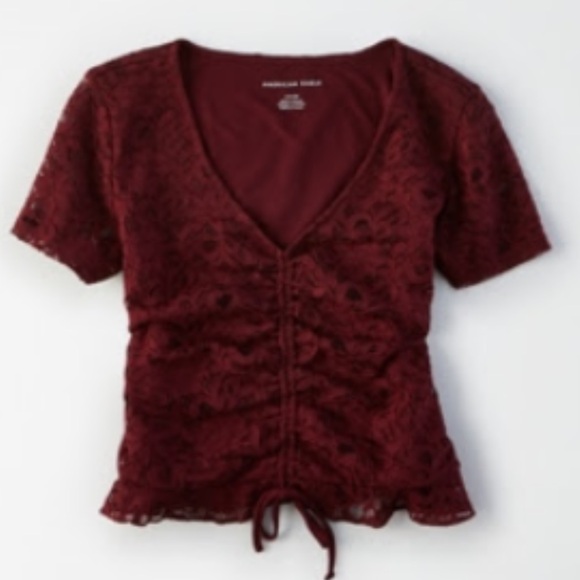 American Eagle Outfitters Tops - American Eagle Cinch Front Lace T-Shirt Crop Top Burgundy Maroon V Neck